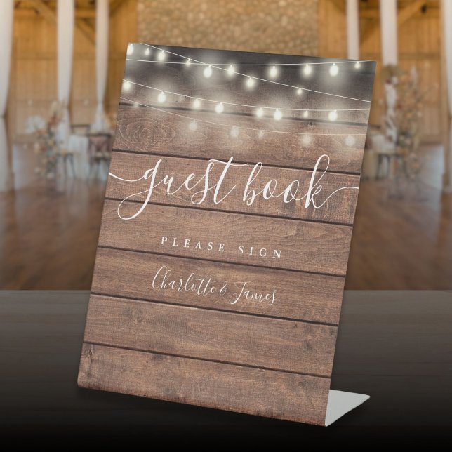Expositor En L String Lights Rustic Wood Script Guest Book (String Lights Rustic Wood Script Guest Book Pedestal Sign)