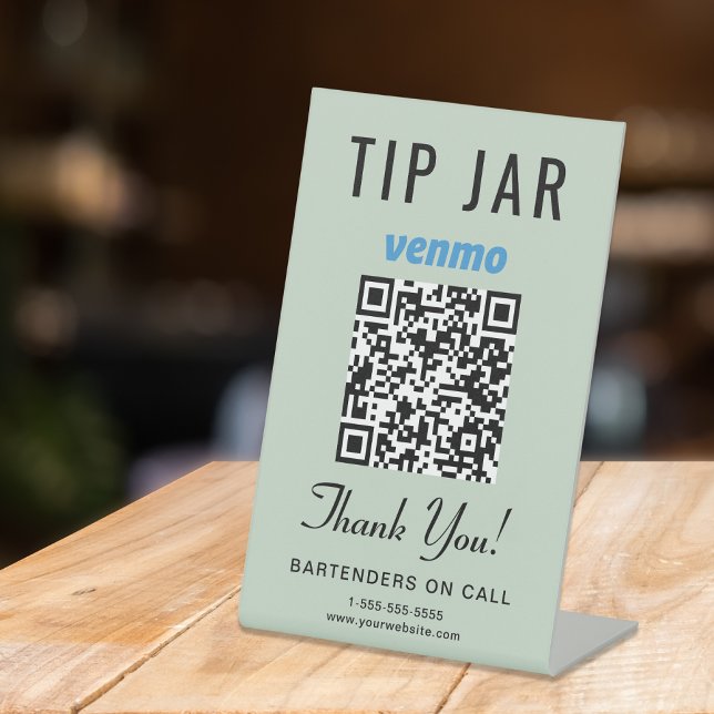 Expositor En L Sugerencia Jar Venmo QR Código Sage Green Tabletop (Empower your customers to tip conveniently and securely with just a scan – no more fumbling for cash)