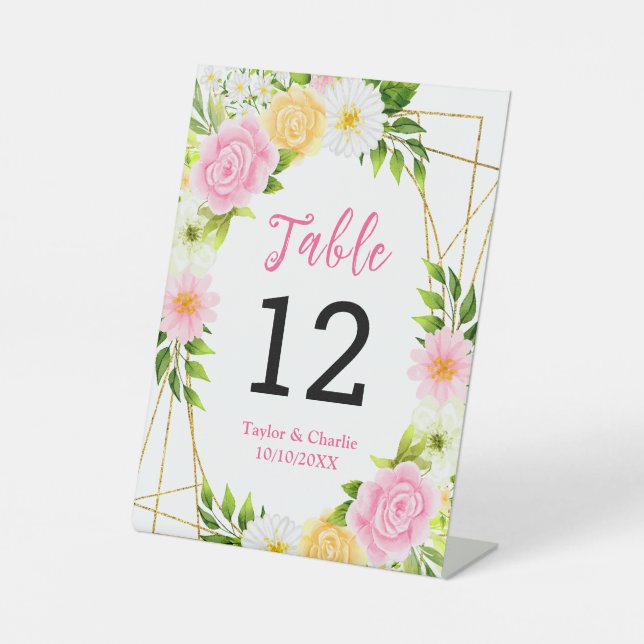 Expositor En L Summer Pink and Yellow Floral Wedding Table Number (Anverso)
