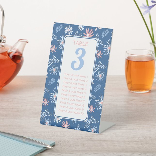 Expositor En L Tabla de asientos florales en azul oscuro y blanco (In Situ)