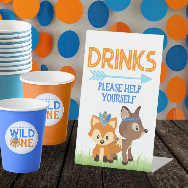 Expositor En L Tabla de bebidas azules de Fox y venado (Woodland Forest Animals Standing Drink Table Pedestal Sign. Featuring an adorable fox and deer)