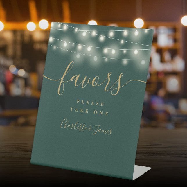 Expositor En L Tabla De Favoritos De Bodas Verdes Y Oro (String Lights Green And Gold Wedding Favors Table Pedestal Sign)