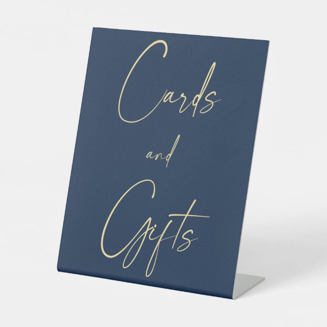 Expositor En L Tarjetas azul y oro boda y Rótulo Pedestal (Anverso)