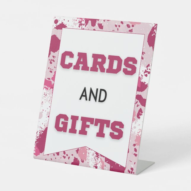 Expositor En L Tarjetas Baby Shower de camo rosa y regalos Rótulo (Anverso)