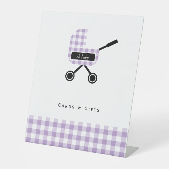 Expositor En L Tarjetas Baby Shower Lavender Gingham Pram (Anverso)