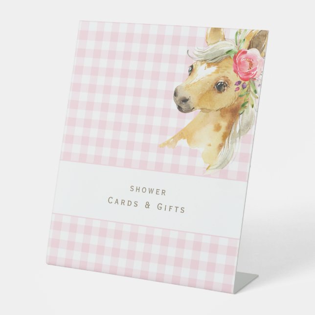 Expositor En L Tarjetas Baby Shower Pony de Gingham rosa (Anverso)