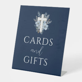 Expositor En L tarjetas de bautismo azul floral de la marina y se