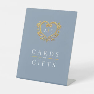 Expositor En L Tarjetas de boda monograma dorado y regalos azul p