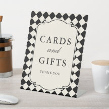 Tarjetas de boda y regalos a cuadros negros de din