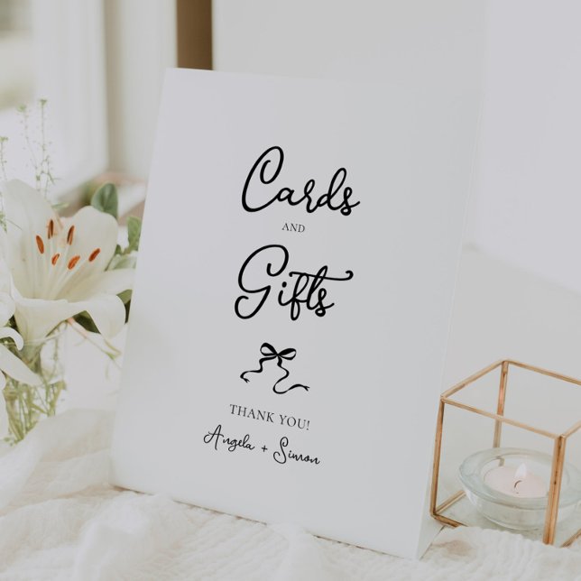 Expositor En L Tarjetas de Bow dibujadas a mano y regalos (bow cards and gifts wedding sign, hand drawn bow, modern vintage inspired, hand written gifts table)
