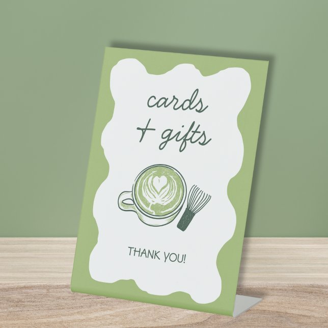 Expositor En L Tarjetas Matcha y regalos Ducha de novia Té verde (Matcha Cards & Gifts Bridal Shower Green Tea Pedestal Sign)