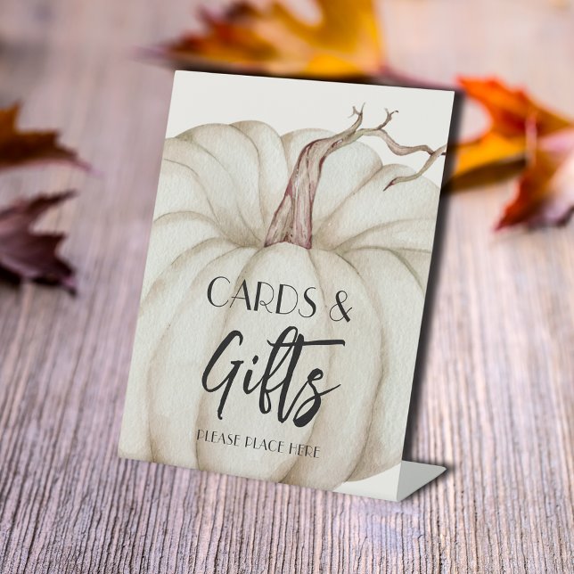 Expositor En L Tarjetas y regalos Baby Shower de calabaza blanca (Cards and Gifts white pumpkin baby shower tabletop pedestal sign)