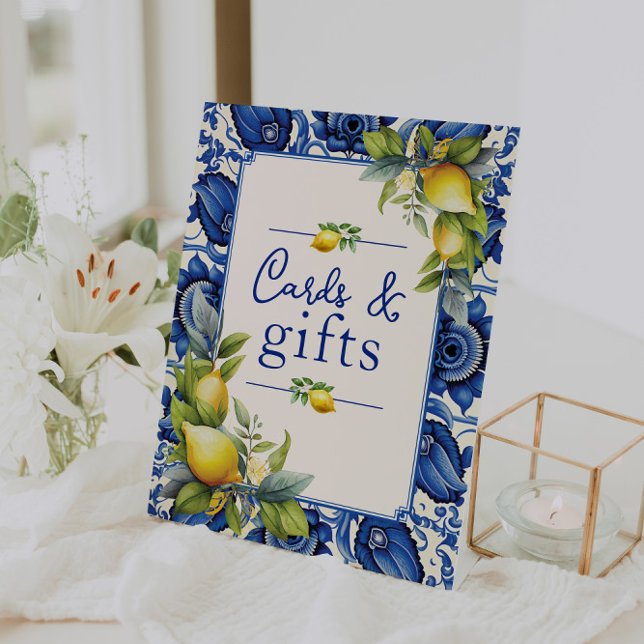 Expositor En L Tarjetas y regalos de azulejo amarillo amarillo az (Blue Tile Yellow Lemons Cards and Gifts Pedestal Sign)