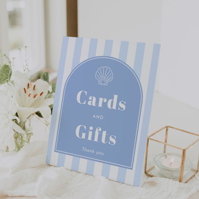 Expositor En L Tarjetas y regalos de baby shower modernos costero (Coastal themed "Cards And Gifts" 8x10 pedestal sign with modern retro styling)
