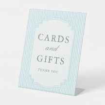 Tarjetas y regalos de boda a rayas azul pastel clá