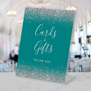 Expositor En L Tarjetas y regalos de boda con brillo azul verde p