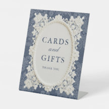 Tarjetas y regalos de boda de encaje de marfil azu