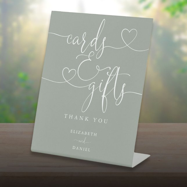 Expositor En L Tarjetas Y Regalos De Guión De Sage Green Heart (Sage Green Heart Script Cards And Gifts Pedestal Sign)