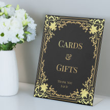 Tarjetas y regalos negro y dorado boda elegante vi