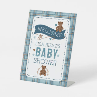 Expositor En L Tartan Teddy Bear Baby Shower Custom Pedestal Sign