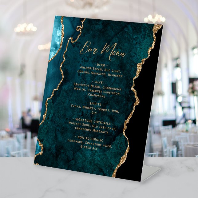 Expositor En L Teal Blue Gold Agate Wedding Bar Menu (Subido por el creador)