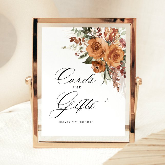 Expositor En L Terracotta Boho Rose Cards & Gifts Wedding Table (Terracotta boho rose floral cards and gifts wedding sign with romantic calligraphy, indoor reception)
