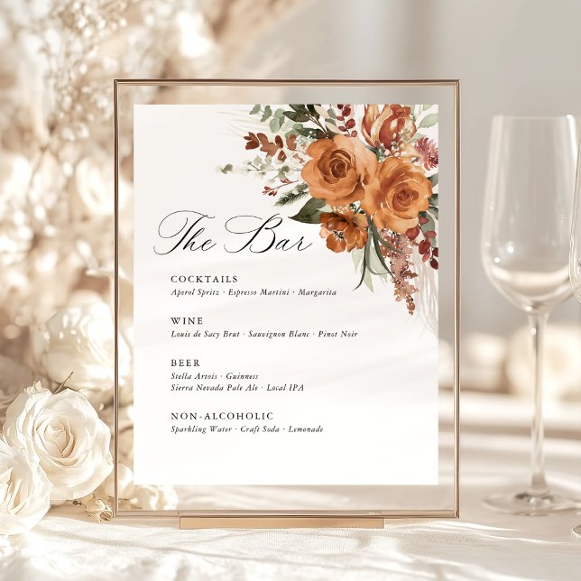 Expositor En L Terracotta Boho Rose Floral Wedding Bar Menu (Terracotta rose floral wedding bar menu sign with watercolor, elegant boho drink list for reception)