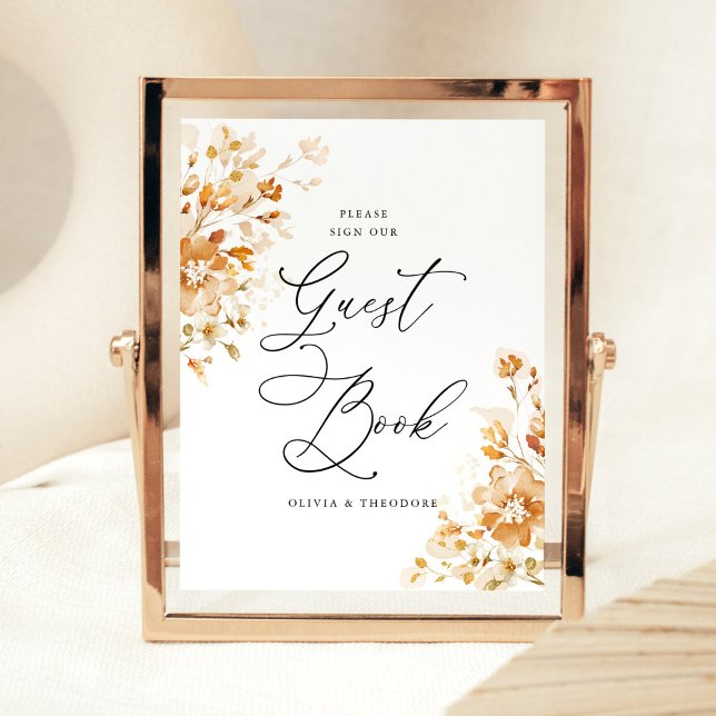 Expositor En L Terracotta Floral Elegant Guest Book Wedding Table (Terracotta floral elegant guest book wedding sign with watercolor burnt orange flowers, table sign)