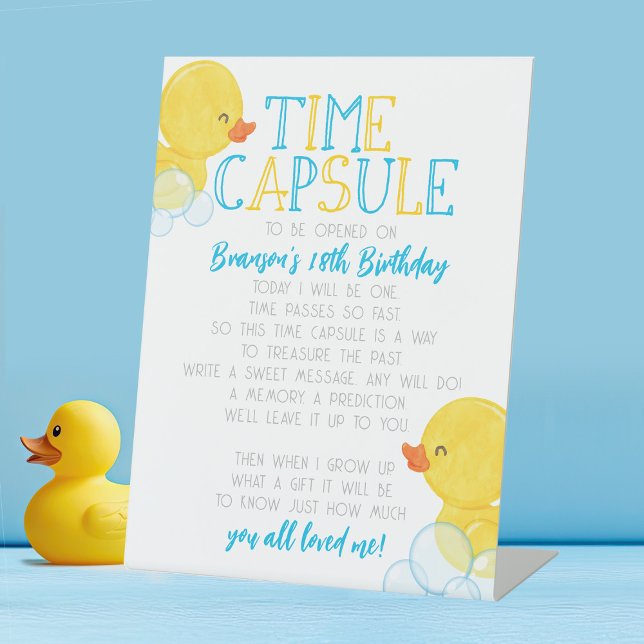 Expositor En L Time Capsule Rubber Duck Primer Fiesta de cumpleañ (Watercolor Rubber Duck First Birthday Time Capsule Party Pedestal Sign)