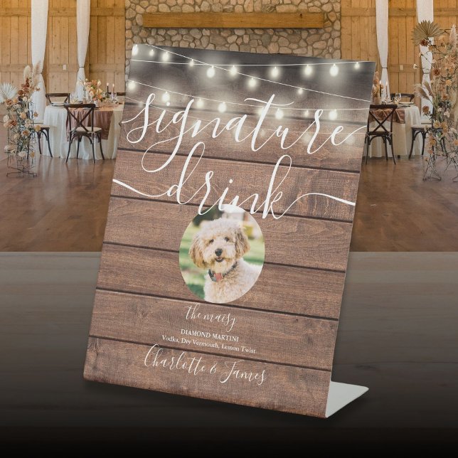 Expositor En L Tinta de Mascota de maderas rusas (String Lights Rustic Wood Pet Signature Drink Pedestal Sign)