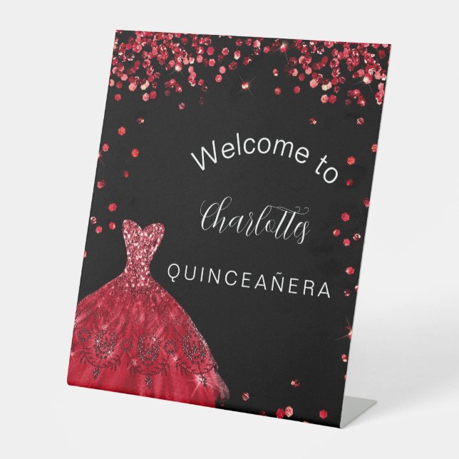 Expositor En L Trato para el vestido de purpurina rojo Quinceaner (Anverso)