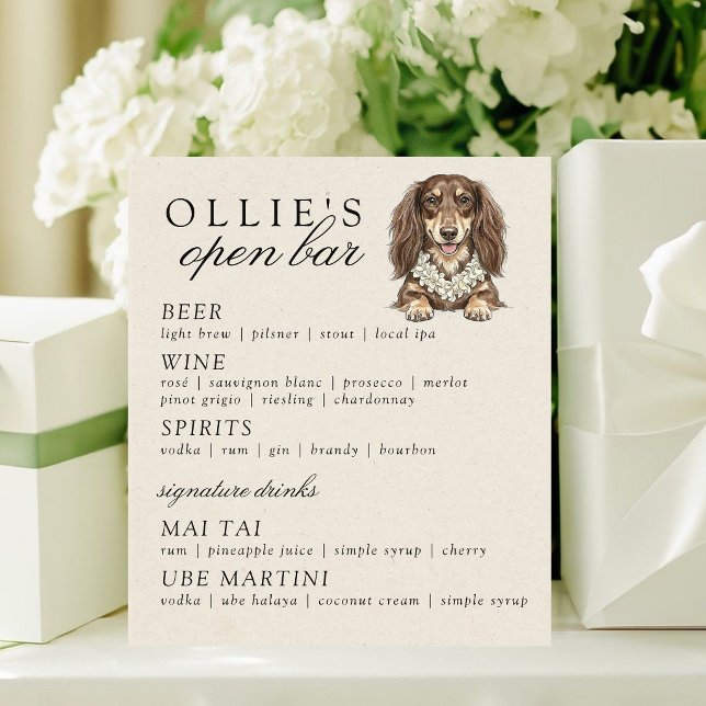 Expositor En L Tropical Dachshund Wedding Open Bar Menu (Tropical Dachshund Wedding Open Bar Menu Pedestal Sign)