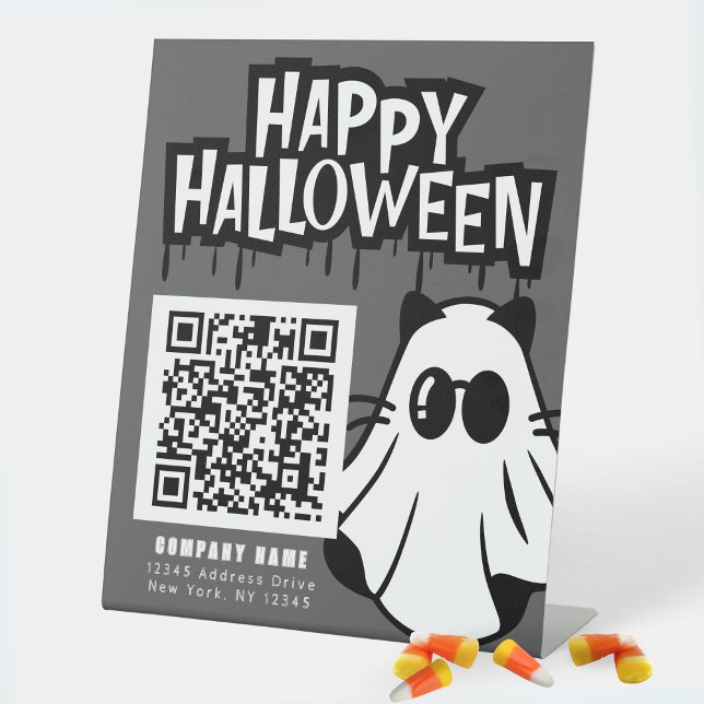 Expositor En L Trump o Trek Guay Ghosts Business Gracias (Cool Ghost Trunk or Treat Standing Business QR Code Display Sign in Grey, Black & White)
