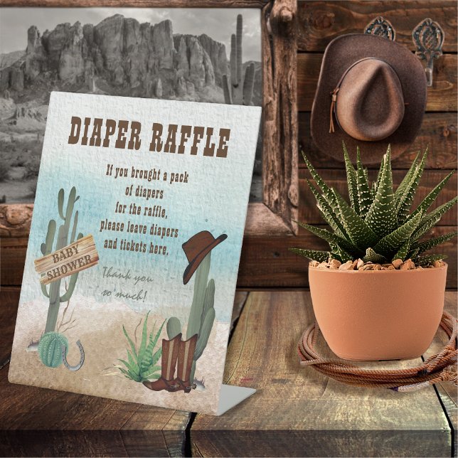 Expositor En L Un niñito vaquero occidental ducha pañal Raffle (Rustic Western Boy Baby Shower Diaper Raffle Pedestal Sign -- "A Little Cowboy Is On His Way" )