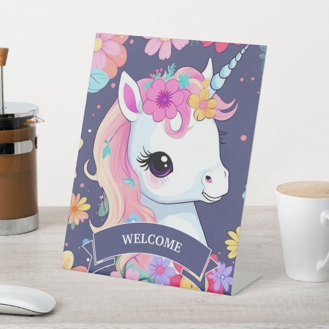 Expositor En L Unicornio blanco adorable con flores (In Situ)