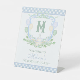 Expositor En L Watercolor Blue 1st Birthday Monogram Crest Party