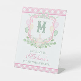 Expositor En L Watercolor Pink 1st Birthday Monogram Crest Party