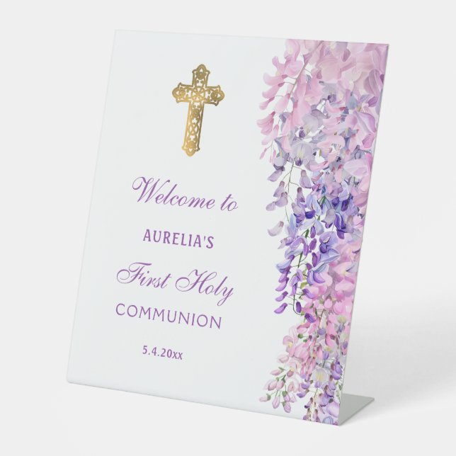 Expositor En L Watercolor Wisteria First Communion Welcome (Anverso)