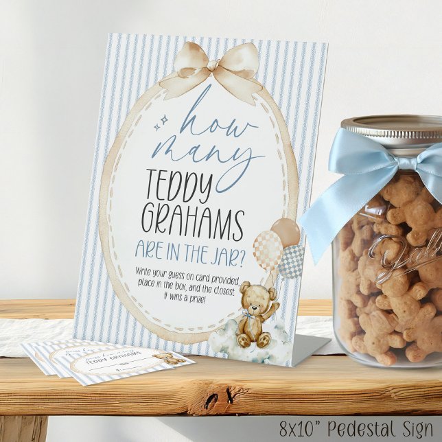 Expositor En L We Can Bearly Wait Teddy Grahams  Baby Shower Game (How Many Teddy Grahams are in the Jar bear blue baby boy shower guessing game table sign 8x10")