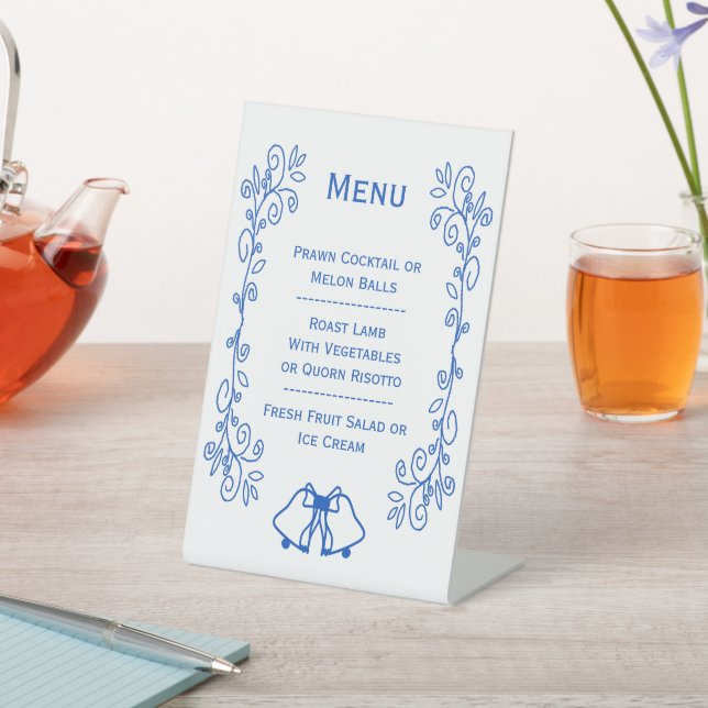 Expositor En L Wedding Menu Pedestal Sign Blue Sapphire Bells  (In Situ)