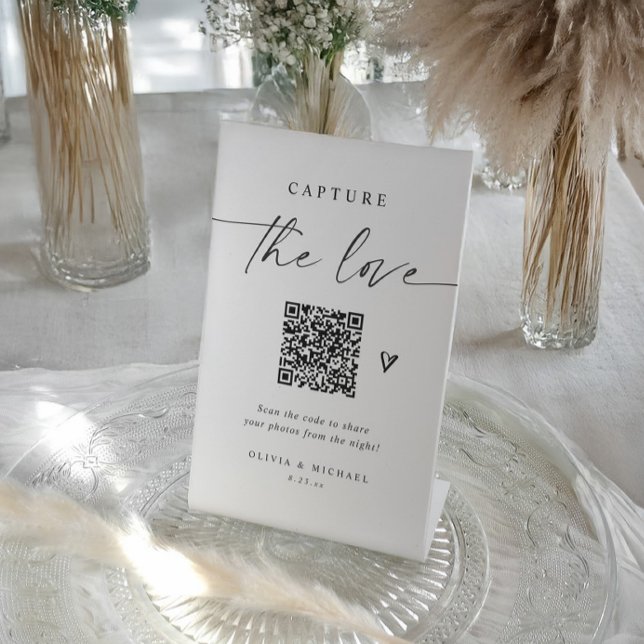 Expositor En L Wedding QR Code Elegant Photo Sharing (Modern wedding QR code sign with elegant calligraphy and heart for guest photo sharing.)