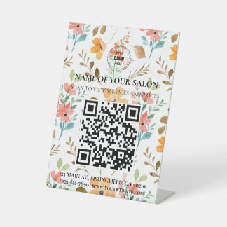 Expositor En L Whimsical Floral QR Code Salon Services Rótulo