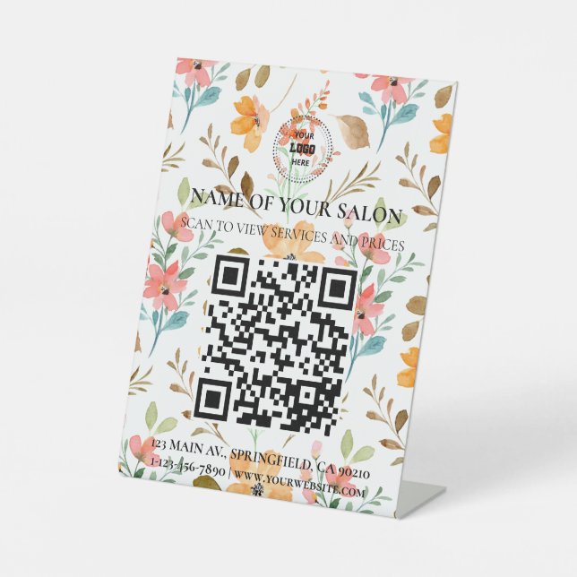Expositor En L Whimsical Floral QR Code Salon Services Rótulo (Anverso)
