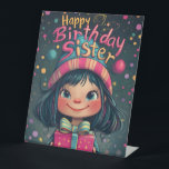 Expositor En L Whimsical Happy Birthday Sister Ilustracion<br><div class="desc">Este es un diseño de cumpleaños bellamente ilustrado que presenta un chica lindo, de ojos grandes, con pelo oscuro, mejillas rosadas y una sonrisa brillante. Lleva un gorra colorido a rayas con una pompa, a juego con el fondo animado y festivo lleno de burbujas flotantes, estrellas y chispas mágicas. La...</div>