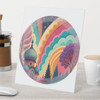 Expositor En L Whimsical Rainbow Dome Pedestal Sign – Customize