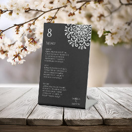 Expositor En L Whimsical White sobre el menú Boda Flourish negro