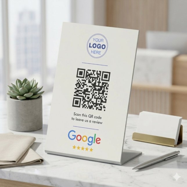 Expositor En L White Clean Google Review QR Code Logo (White Minimalist Google Review Sign | QR Code Pedestal Display for Business)