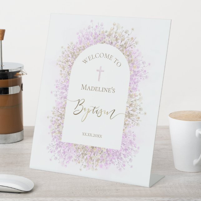 Expositor En L white lilac flowers Baptism welcome sign (In Situ)