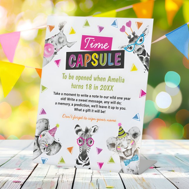 Expositor En L Wild One Safari Animals Birthday Time Capsule Sign (Subido por el creador)