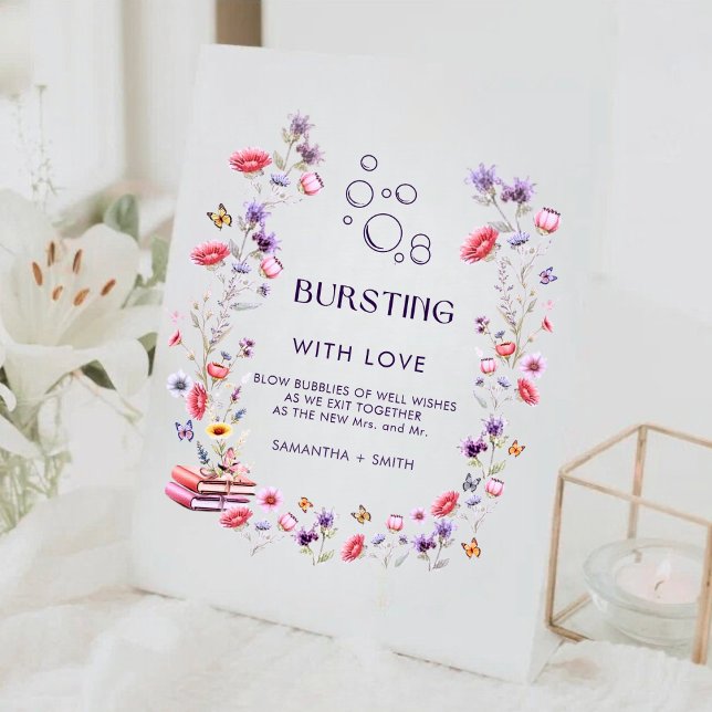 Expositor En L Wildflower Lavender Bursting with Love Bridal  (Romantic wildflower “Bursting with Love” sign for a dreamy bridal shower display.)
